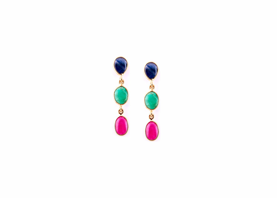 Natural Emerald, Ruby & Sapphire Earrings in 18k Pure Gold