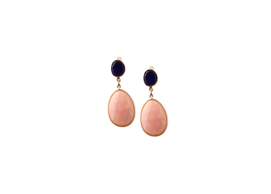 Natural Blue Sapphire & Pink Opal Earrings in 18k Pure Gold